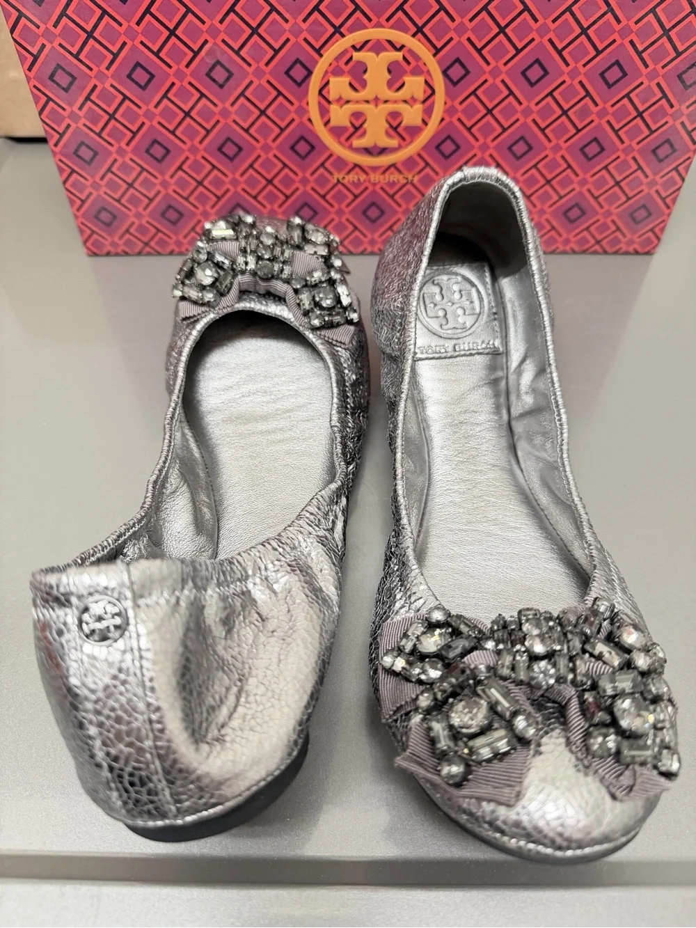 Tory Burch Metallic Pewter Jeweled Bow Ballet Flats